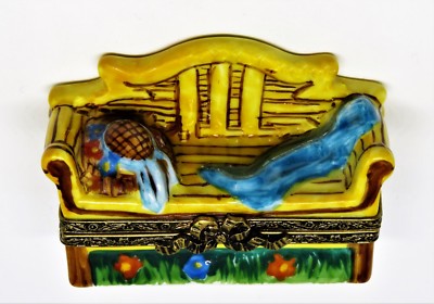 LIMOGES FRANCE BOX- PIERRE ARQUIE - GARDEN OR PARK BENCH - HAT & SHAWL - FLOWERS