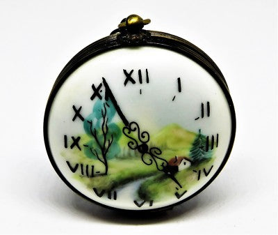 LIMOGES FRANCE BOX- ROCHARD -ANTIQUE POCKET WATCH & CHAIN- RURAL LANDSCAPE SCENE
