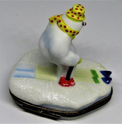 LIMOGES BOX - CHRISTMAS - SNOWMAN/SNOWLADY WITH SCARF & HAT SKIING TO NORTH POLE