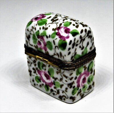 LIMOGES FRANCE BOX - FLORAL PERFUME CHEST & 2 BOTTLES - PINK ROSES & GOLD VINES
