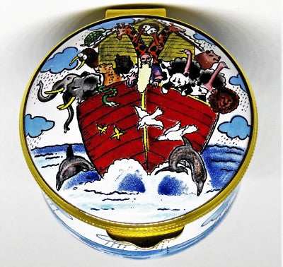 ALASTOR ENGLISH ENAMEL BOX- NOAH'S ARK & ANIMALS - CLOUDS & RAIN - BIBLE STORIES
