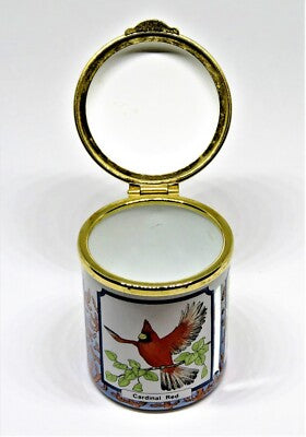 STAFFORDSHIRE ENGLISH ENAMEL STAMP BOX - BIRDS & BERMUDA FLOWERS - BLUEBIRD