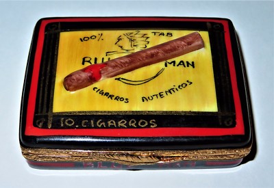 LIMOGES FRANCE BOX ~ BLUE MAN CIGAR BOX ~ 7 CIGARS INSIDE ~ TOBACCO ~ PEINT MAIN