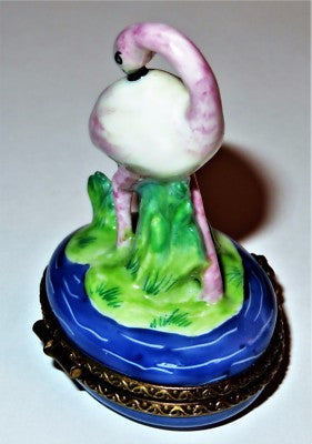 LIMOGES FRANCE BOX - PV - PINK FLAMINGO - GRASS & WATER & 3 DIMENSIONAL REEDS