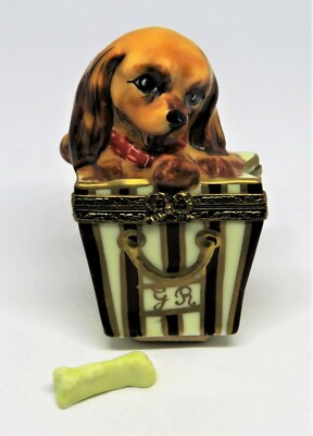 LIMOGES FRANCE BOX - COCKER SPANIEL PUPPY IN A SHOPPING BAG & BONE - DOG - LE