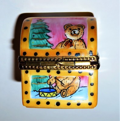 LIMOGES FRANCE BOX - TRUNK & PORCELAIN BEAR - TEDDY BEAR IN THE FOUR SEASONS