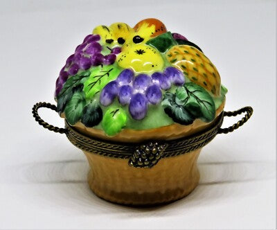 LIMOGES FRANCE BOX- CHAMART - FRUIT BASKET & METAL HANDLES - 3 DIMENSIONAL FRUIT