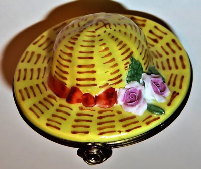 LIMOGES FRANCE BOX ~ROCHARD~ VINTAGE STRAW SUMMER HAT & BISQUE ROSES ~ GARDENING