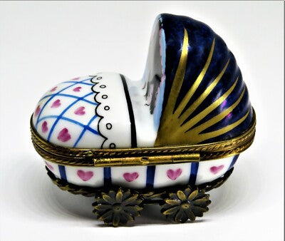 LIMOGES BOX~ BABY IN PINK & BLUE CARRIAGE ~ PRAM ~ BOTTLE INSIDE ~ PEINT MAIN