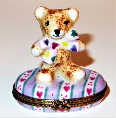 LIMOGES FRANCE BOX- CHAMART - "FIRST TOOTH" TEDDY BEAR -BOW & HEARTS- BABY TEETH