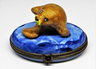 LIMOGES BOX ~ FLORIDA MANATEE & FISH ~ SEA COW ~ MARINE MAMMAL ~ PEINT MAIN