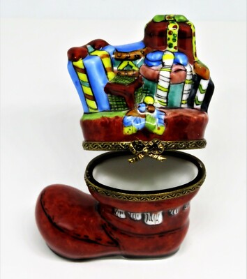 LIMOGES FRANCE BOX- CHRISTMAS - SANTA CLAUS BOOT - HOLLY & PRESENTS & A TOY DRUM