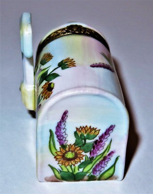 LIMOGES FRANCE BOX -ROCHARD- MAILBOX -SUNFLOWERS & HOLLYHOCKS- LETTER & POSTCARD