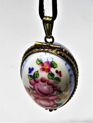 LIMOGES FRANCE BOX ~PENDANT & CORD~ ROCHARD ~ FLORAL EGG ~FLOWERS~ HAND PAINTED