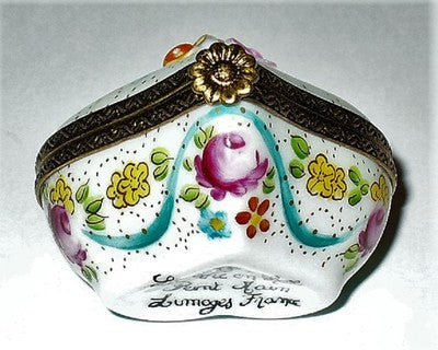 LIMOGES FRANCE BOX ~ HEART & BISQUE FLOWERS ~RIBBONS & ROSES~ ANNIVERSARY ~ MIB