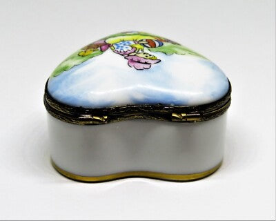 LIMOGES FRANCE BOX ~ HEART & GIRL & TOYS ON GRASS ~ DOLL & BALL ~ PEINT MAIN