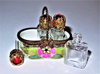 LIMOGES FRANCE BOX - FLORAL BASKET & THREE PERFUME BOTTLES - PINK FLOWERS