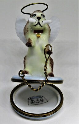 LIMOGES FRANCE BOX ~ SPANIEL DOG & WINGS - ANGEL DOG ~ LEASH CLASP ~ PEINT MAIN