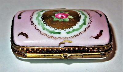 LIMOGES FRANCE BOX - TINY RECTANGLE - PINK ROSE & GOLD FEATHERS - FLOWERS - "MC"