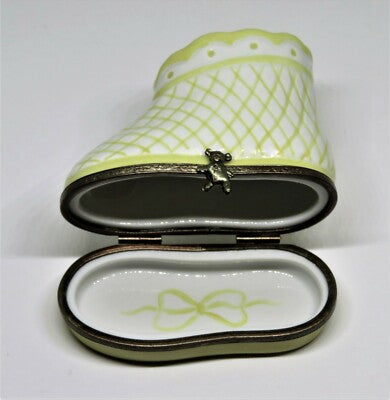 LIMOGES FRANCE BOX ~ YELLOW BABY BOOTEE & REMOVABLE BOTTLE ~ SHOE ~ PEINT MAIN