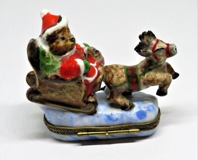 LIMOGES BOX~ CHRISTMAS ~ SANTA CLAUS TEDDY BEAR ~ SLEIGH & REINDEER ~ PEINT MAIN