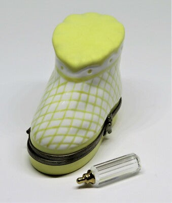 LIMOGES FRANCE BOX ~ YELLOW BABY BOOTEE & REMOVABLE BOTTLE ~ SHOE ~ PEINT MAIN