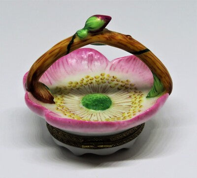 LIMOGES FRANCE BOX - PARRY-VIEILLE -  ROSE FLOWER BASKET & PORCELAIN HANDLE