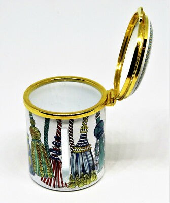 STAFFORDSHIRE ENGLISH ENAMEL STAMP  BOX - COLORFUL BRAIDED TASSELS