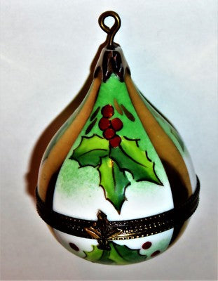 LIMOGES BOX- ELDA - CHRISTMAS TREE ORNAMENT -HOLLY & GOLD RIBBON- 3D SANTA CLAUS