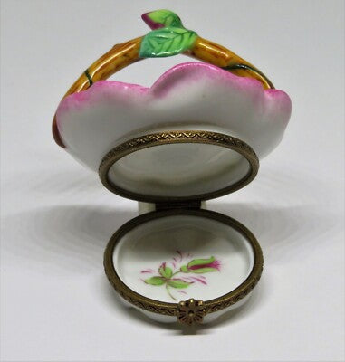 LIMOGES FRANCE BOX - PARRY-VIEILLE -  ROSE FLOWER BASKET & PORCELAIN HANDLE