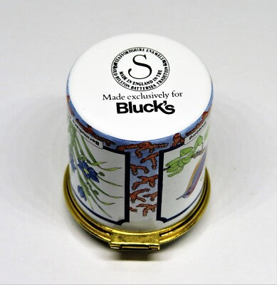 STAFFORDSHIRE ENGLISH ENAMEL STAMP BOX - BIRDS & BERMUDA FLOWERS - BLUEBIRD