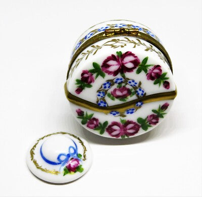 LIMOGES BOX ~ FLORAL HAT BOX & SPRING BONNET ~ FLOWERS ~ PINK ROSES ~ PEINT MAIN