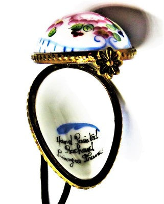 LIMOGES FRANCE BOX ~PENDANT & CORD~ ROCHARD ~ FLORAL EGG ~FLOWERS~ HAND PAINTED