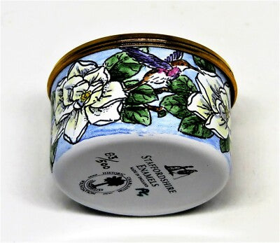 STAFFORDSHIRE ENGLISH ENAMEL BOX - MAGNOLIA FLOWERS & HUMMINGBIRDS - CHARLESTON