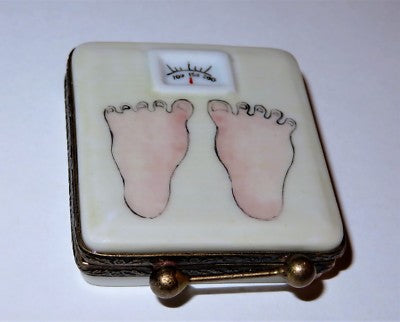 LIMOGES FRANCE BOX- DIETER'S BATHROOM SCALE - BARBELL - ALERT! - WEIGHT WATCHERS