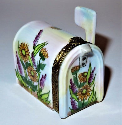 LIMOGES FRANCE BOX -ROCHARD- MAILBOX -SUNFLOWERS & HOLLYHOCKS- LETTER & POSTCARD