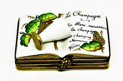 LIMOGES FRANCE BOX ~ RIBIERRE ~ BOOK OF CHAMPAGNE & FLUTE ~ GRAPES ~ PEINT MAIN