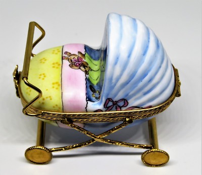 LIMOGES FRANCE BOX - BABY CARRIAGE - BABY & PACIFIER - TEDDY BEAR CLASP - PRAM