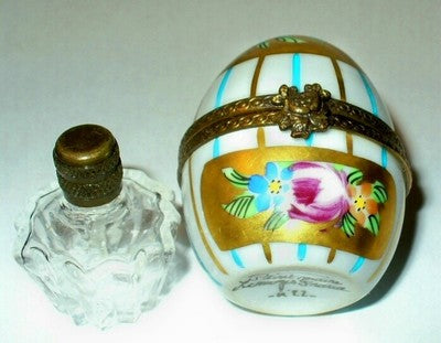 LIMOGES FRANCE BOX ~ FLORAL EGG & PERFUME BOTTLE ~ FLOWERS & STRIPES ~ ROSES