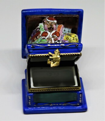 LIMOGES FRANCE BOX - CHRISTMAS - TOY CHEST & A TEDDY BEAR IN A SANTA CLAUS SUIT