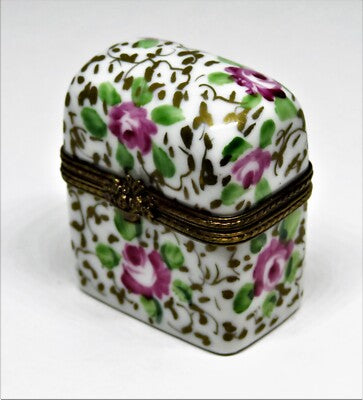 LIMOGES FRANCE BOX - FLORAL PERFUME CHEST & 2 BOTTLES - PINK ROSES & GOLD VINES
