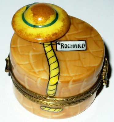 LIMOGES FRANCE BOX ~ROCHARD~ TAN HAT BOX & HAT ~ LADY'S BUST CLASP ~ PEINT MAIN