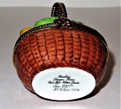LIMOGES FRANCE BOX - PIERRE ARQUIE - WICKER BASKET OF VEGETABLES & METAL HANDLE