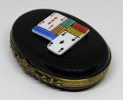 LIMOGES BOX~ POKER ~ DICE & PLAYING CARDS & CHIPS ~ GAMING ~GAMBLING~ PEINT MAIN