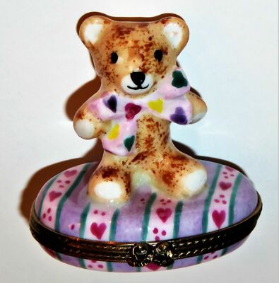 LIMOGES FRANCE BOX- CHAMART - "FIRST TOOTH" TEDDY BEAR -BOW & HEARTS- BABY TEETH