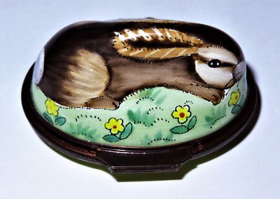 HALCYON DAYS ENAMEL BOX - BUNNY BONBONNIERE - BROWN RABBIT & YELLOW FLOWERS