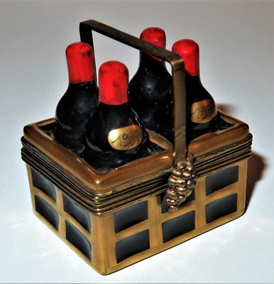 LIMOGES FRANCE BOX ~ PV ~ 1997 WINE BOTTLES IN A BASKET ~ CORKSCREW ~ PEINT MAIN