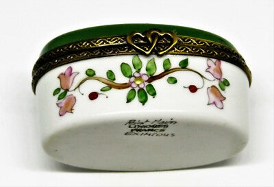 LIMOGES FRANCE BOX - EXIMIOUS -GREEN OVAL FLORAL- HEART & BIRDS & NEST & FLOWERS