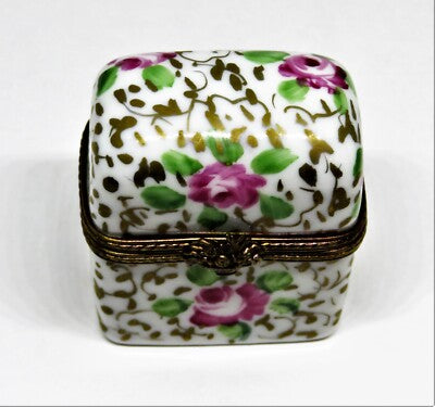 LIMOGES FRANCE BOX - FLORAL PERFUME CHEST & 2 BOTTLES - PINK ROSES & GOLD VINES