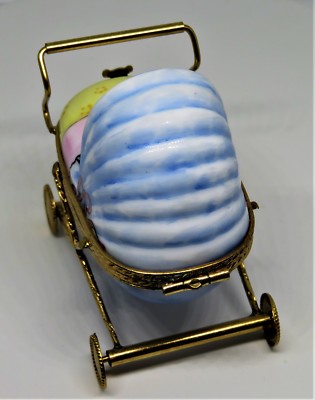 LIMOGES FRANCE BOX - BABY CARRIAGE - BABY & PACIFIER - TEDDY BEAR CLASP - PRAM